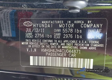 2012 Hyundai Equus Signature from USA, damaged, VIN KMHGH4JH4CU044871